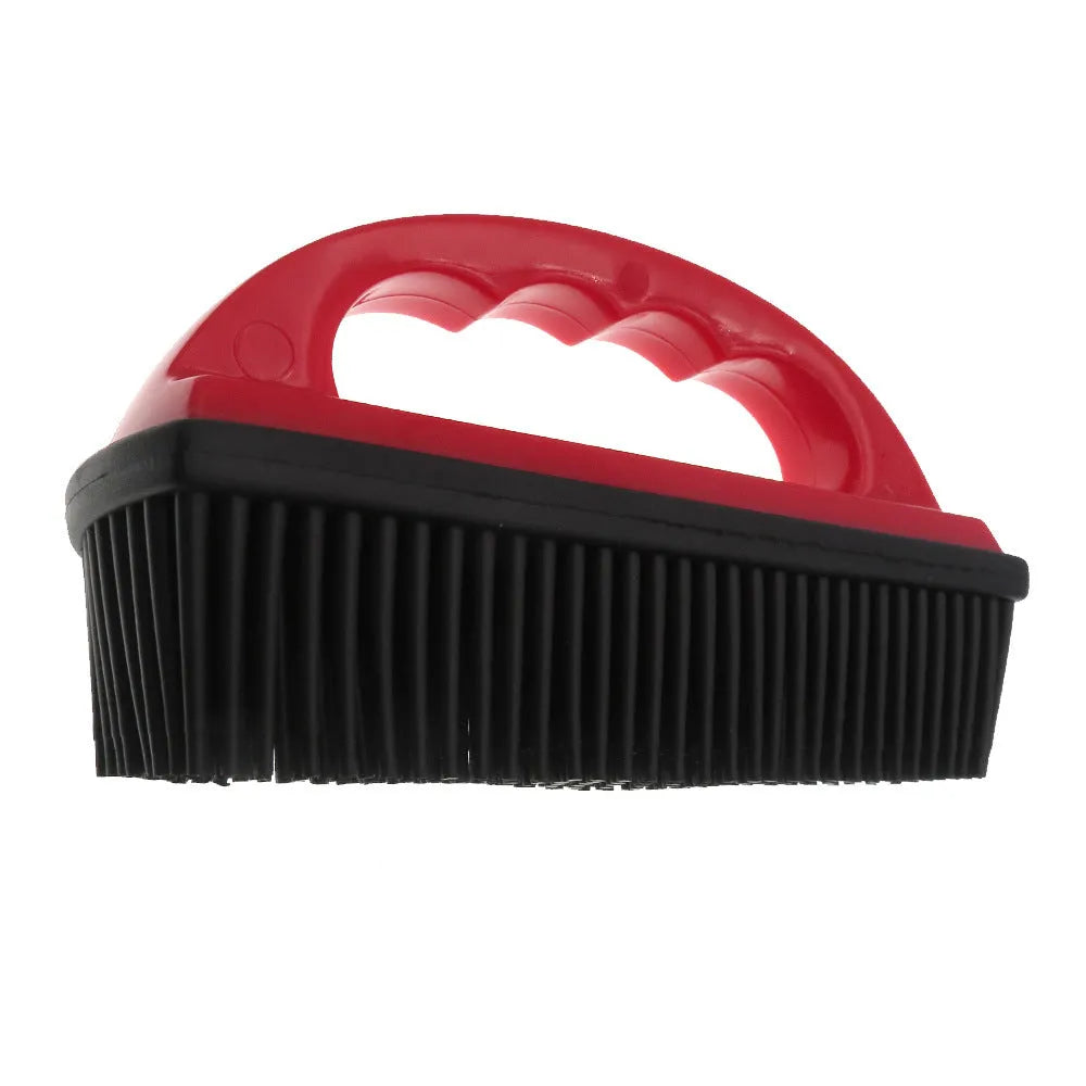 Red silicone pet grooming brush measuring 160x85mm for bath massage and household hair removal