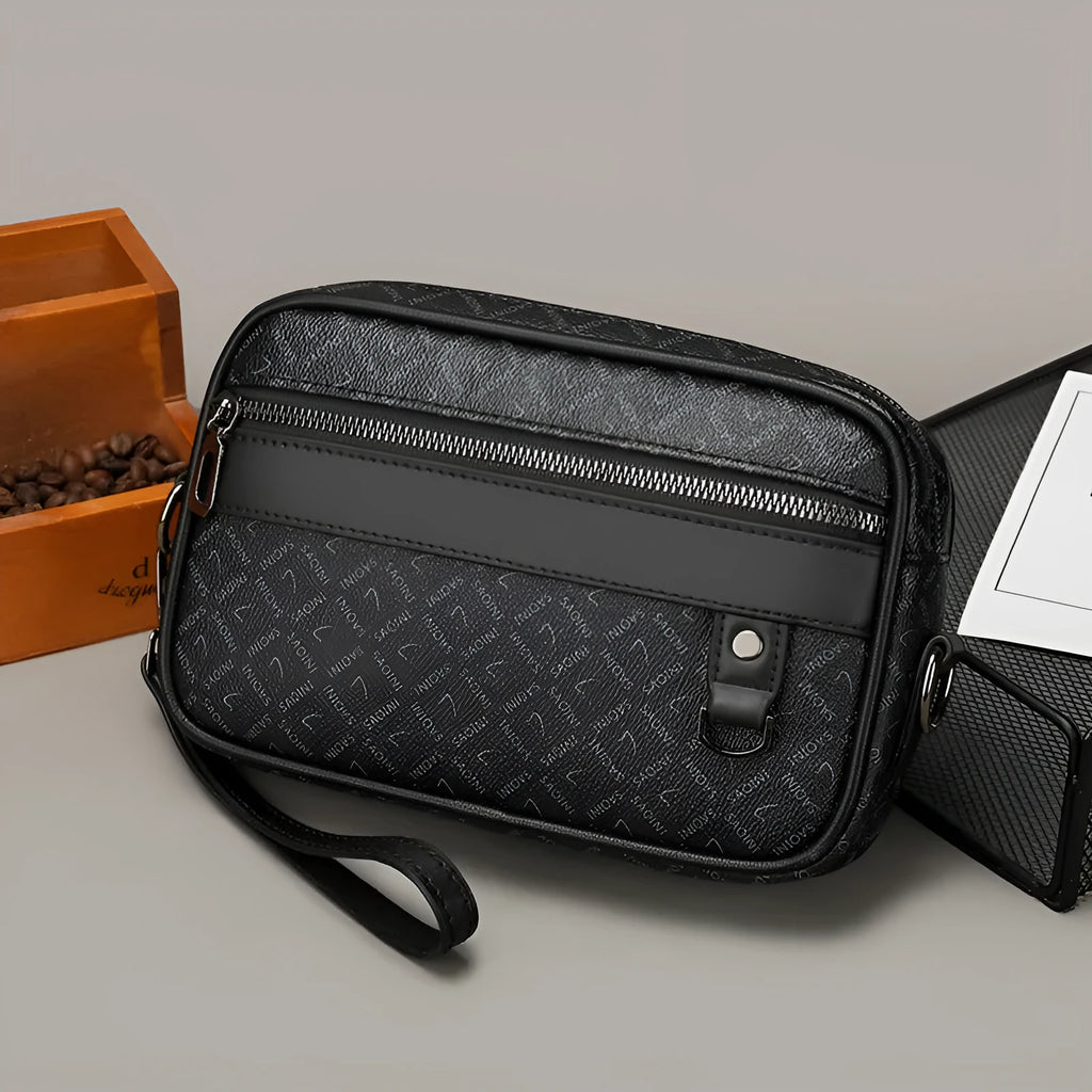 Men's geometric pattern shoulder messenger bag in PU leather with large capacity and horizontal design
