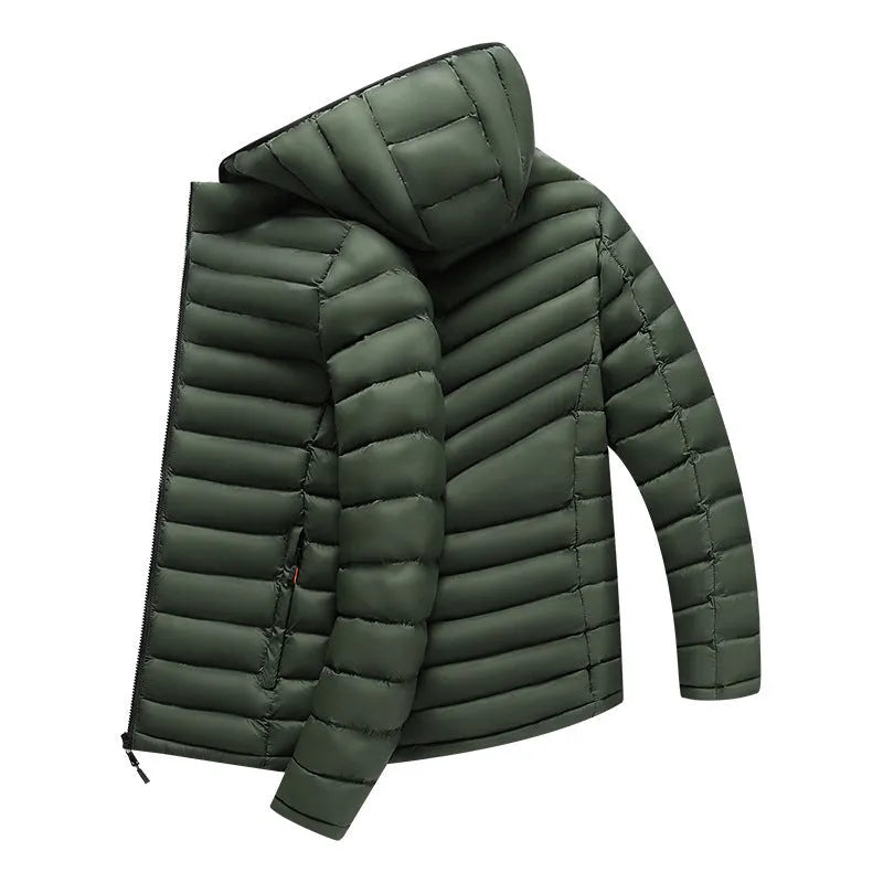 Men's lightweight down jacket with hood and detachable collar in black colour with zippered pockets