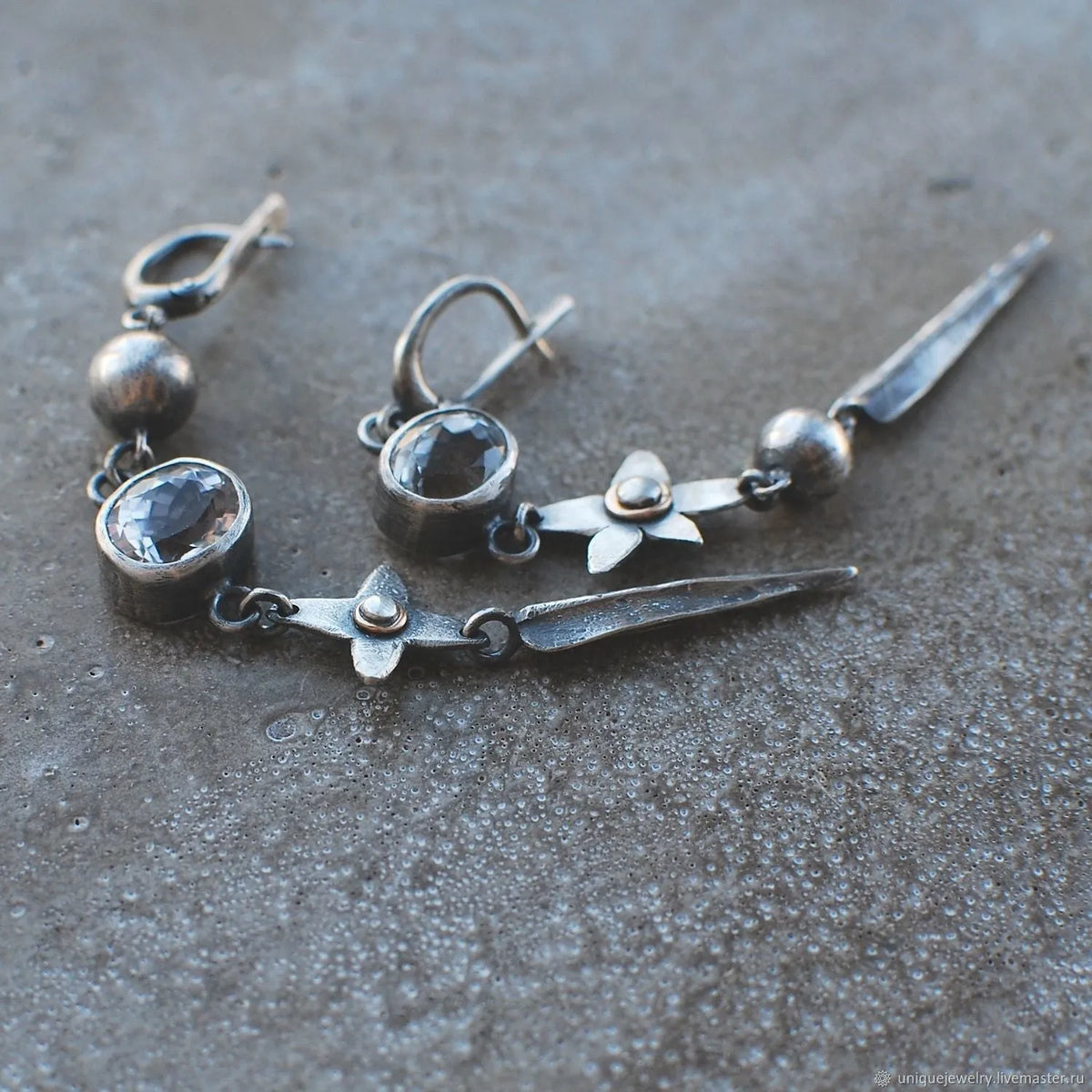 Geometric long pendant earrings with XINGX rhinestone design in antique silver
