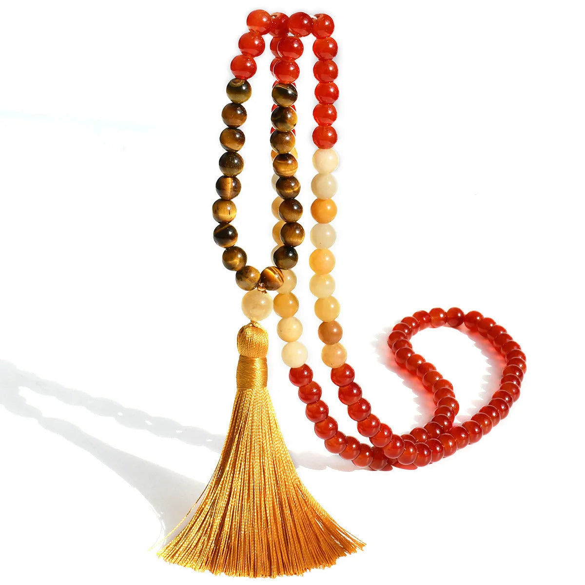 108 natural stone tassel necklace with gemstone pendant on long bead chain