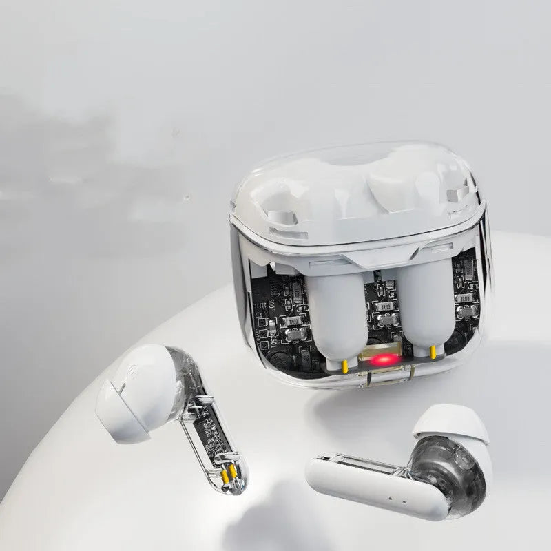 Transparent plastic wireless Bluetooth gaming headset in black, white, or purple colour.