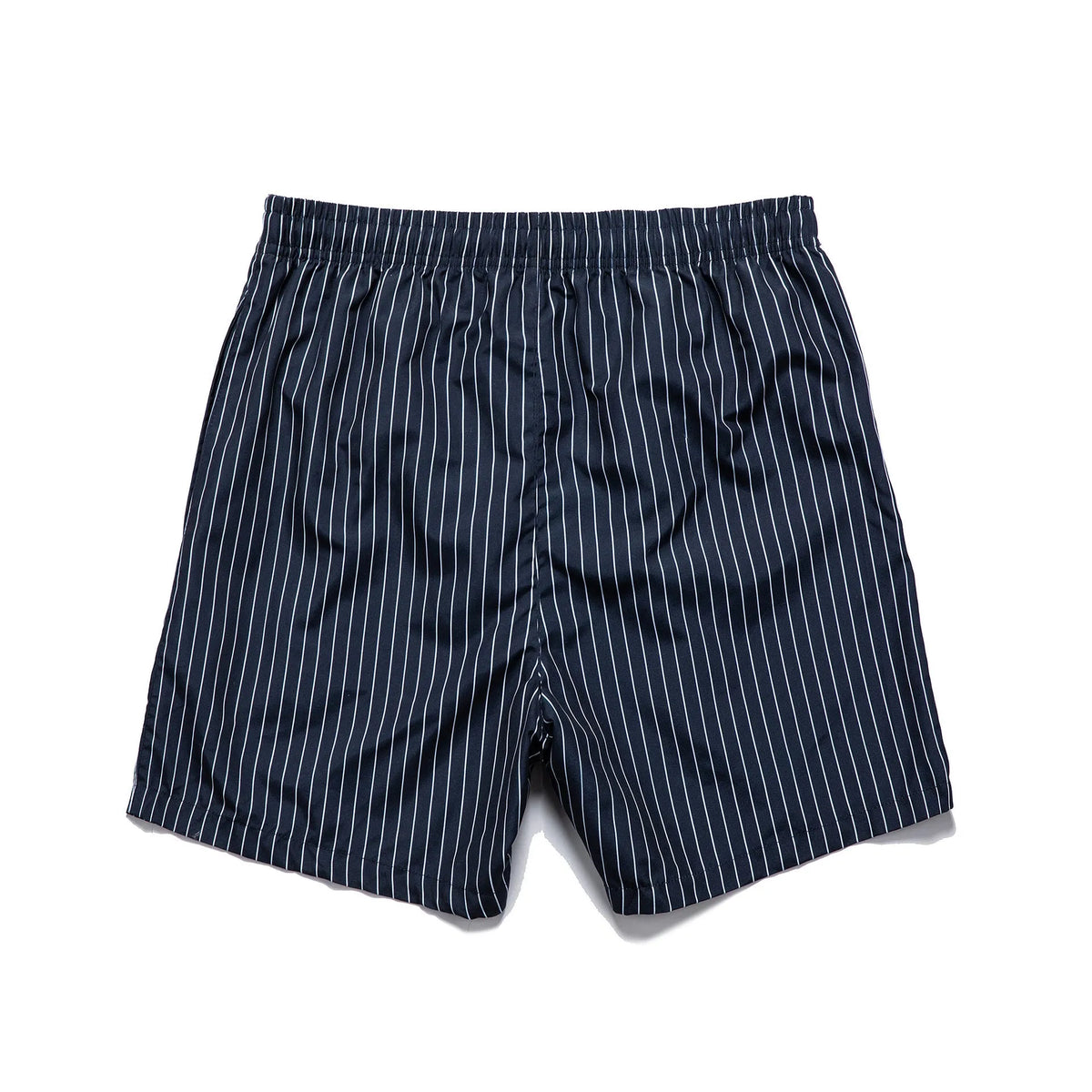 Navy blue striped beach shorts with straight leg opening and triangle lining, flat lay.