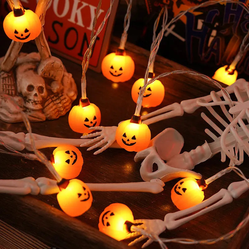 Halloween LED string lights with PVC pumpkin ghost bat skull covers, battery box, warm white, IP43, indoor outdoor use