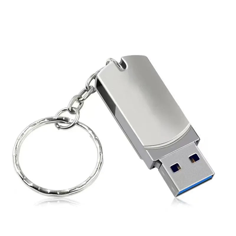 White metal USB flash drive with rotating shell showing compact 34mm size
