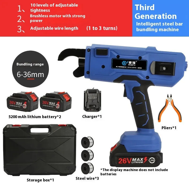 Electric steel bar tying machine with battery pack and binding wire for construction rebar work