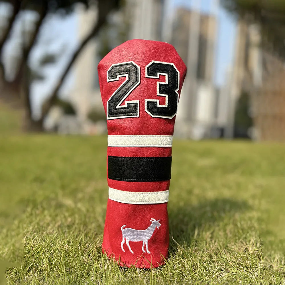 Set of PU golf club head covers in red, black, white, and yellow colours.