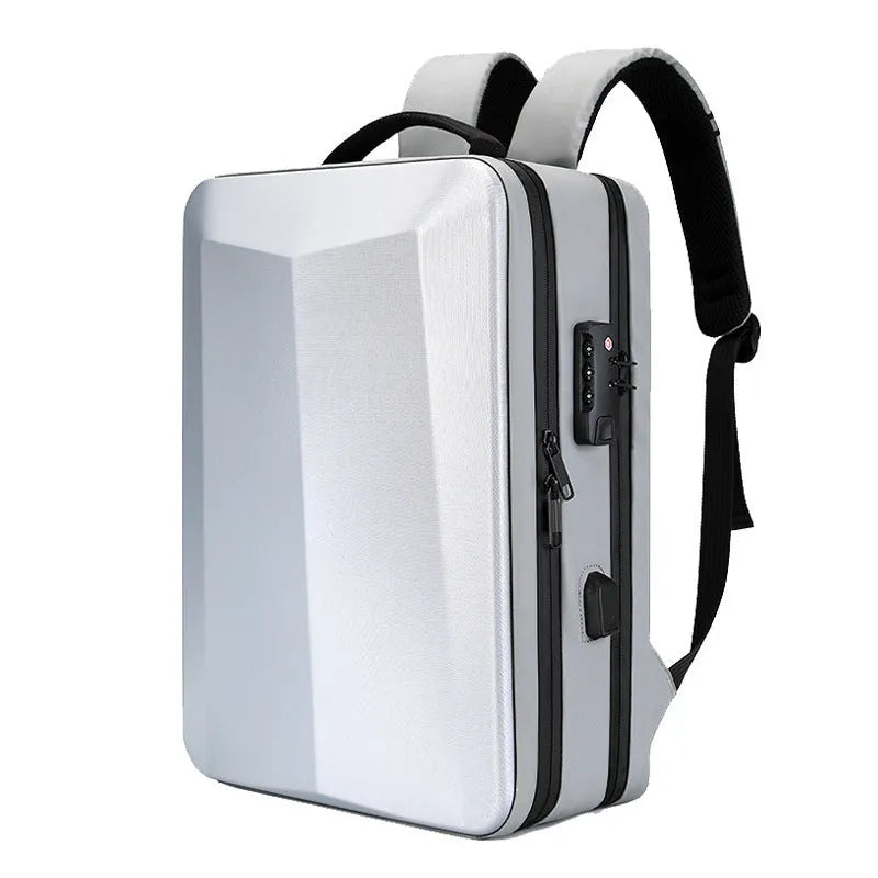 Black waterproof ABS PC business backpack with curved shoulder straps and street trend styling