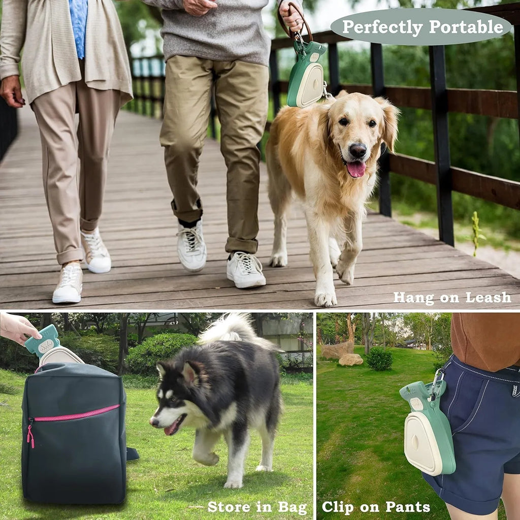Blue handheld dog pooper scooper with clip, showing expanded waste container and integrated bag dispenser.