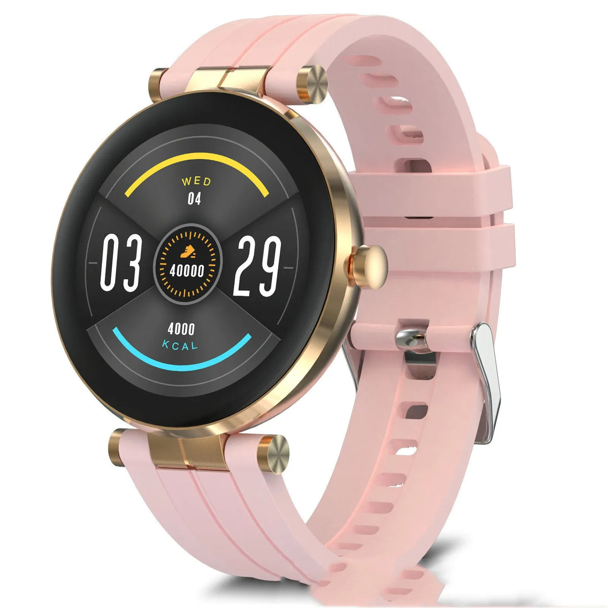 Smart watch with black silicone strap and screen showing heart rate and blood pressure data