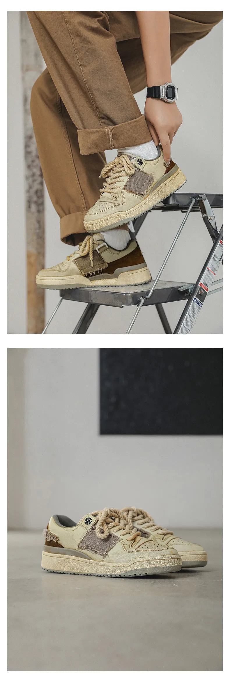 Beige low-top vintage style skateboard shoes with round toe and lace-up front on a rubber sole.