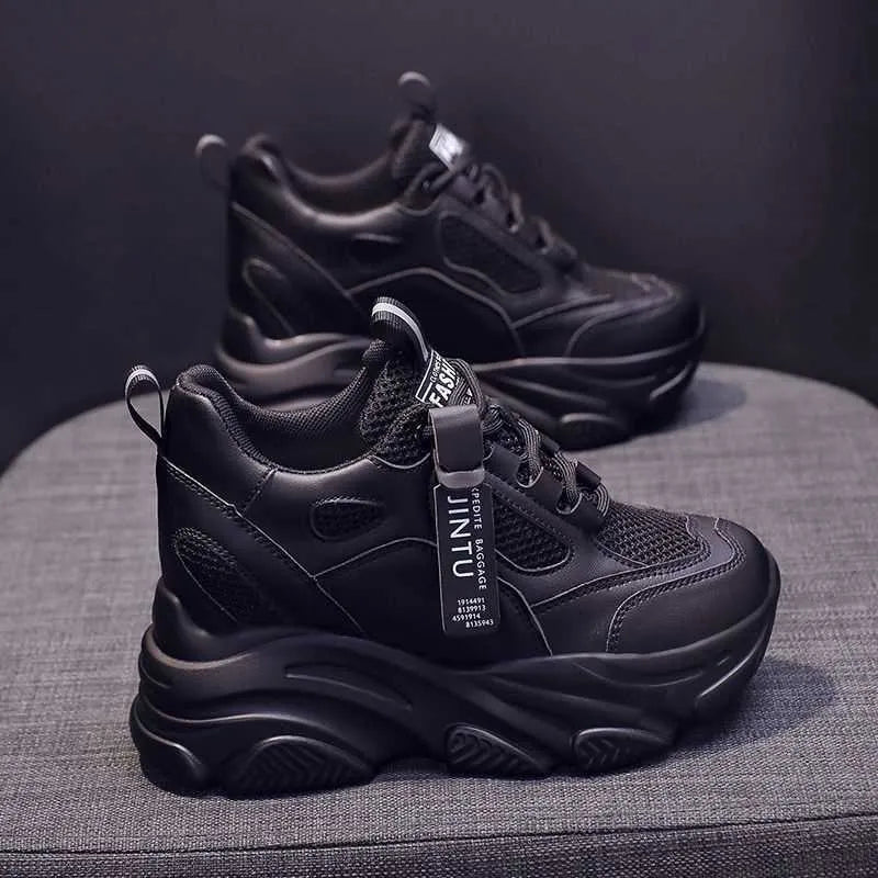 Women's black mesh platform casual shoes with an elastic toe holder and TPR sole