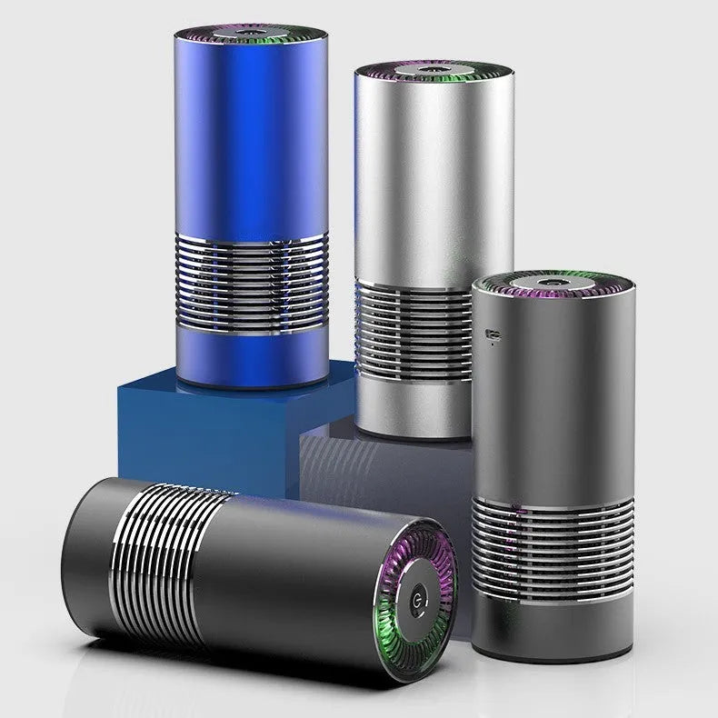 Black car wireless air purifier with negative ion generator on a car dashboard.