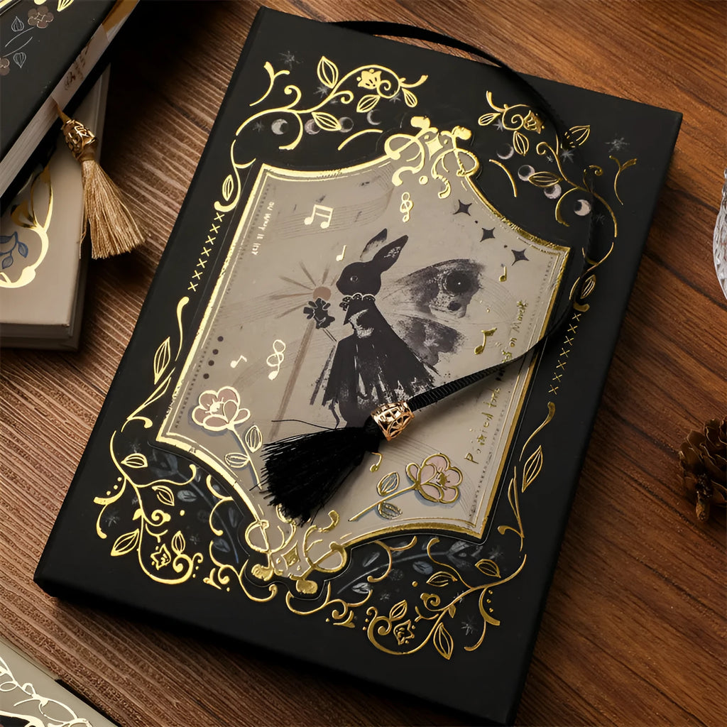 THALO Gothic style A5 notebook with rabbit, forest, or red fruit cover art, showing 40g wood pulp paper.