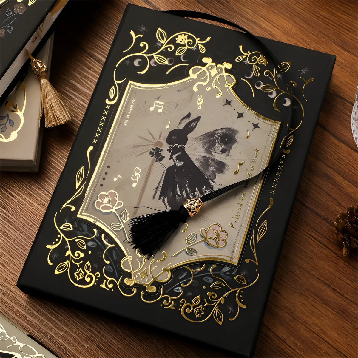 THALO Gothic style A5 notebook with rabbit, forest, or red fruit cover art, showing 40g wood pulp paper.