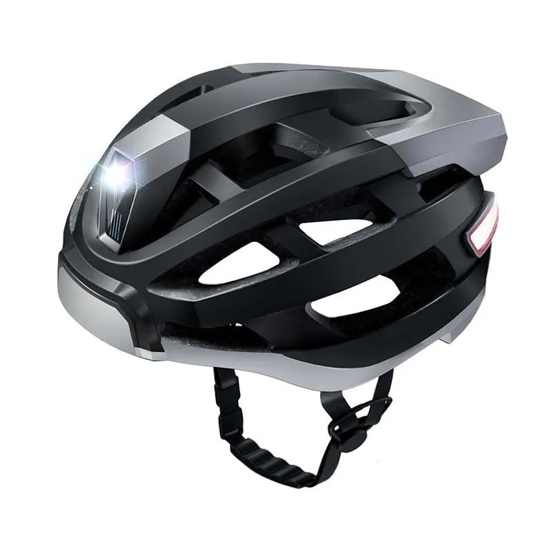 Black and grey smart Bluetooth helmet with integrated warning light for adult cyclists