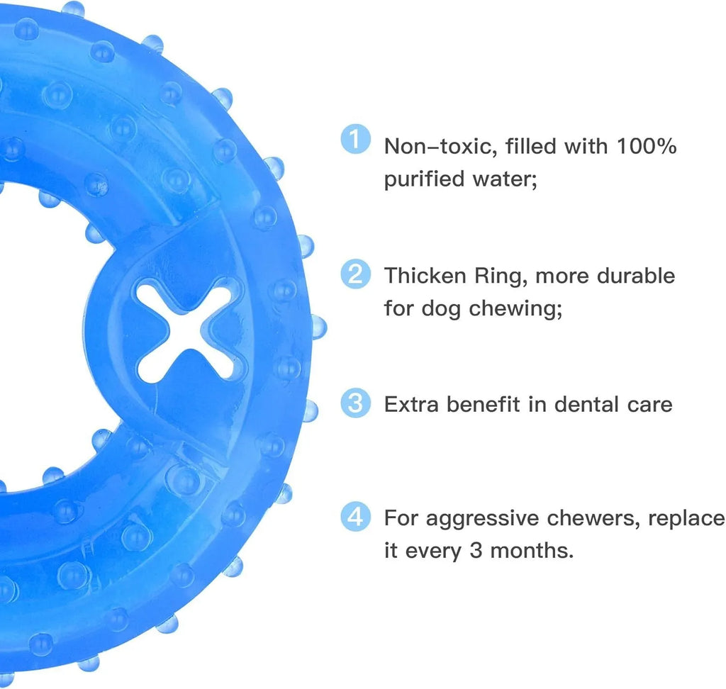 Freezable non-toxic dog teething chew toy with treat filling for cooling and dental care.