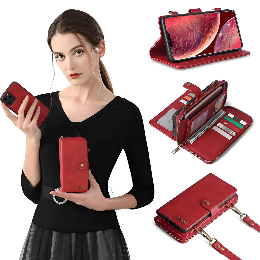Leather flip phone case with detachable wallet backpack in black, blue, brown, or red colour