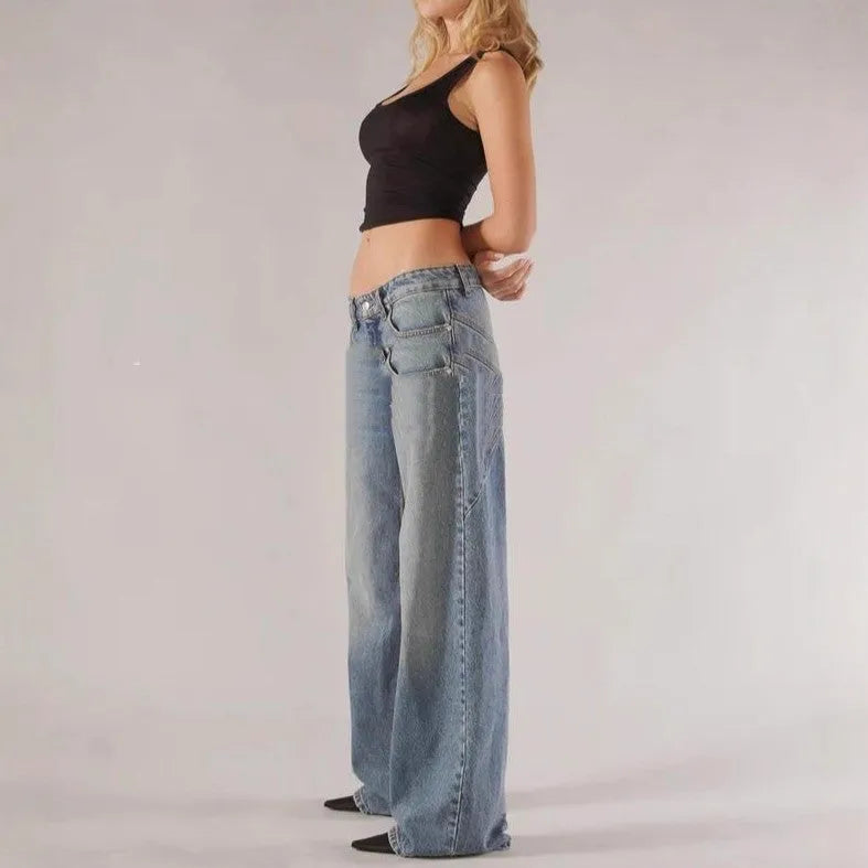 Blue loose fit women's cotton wide leg trousers with low waist and straight leg