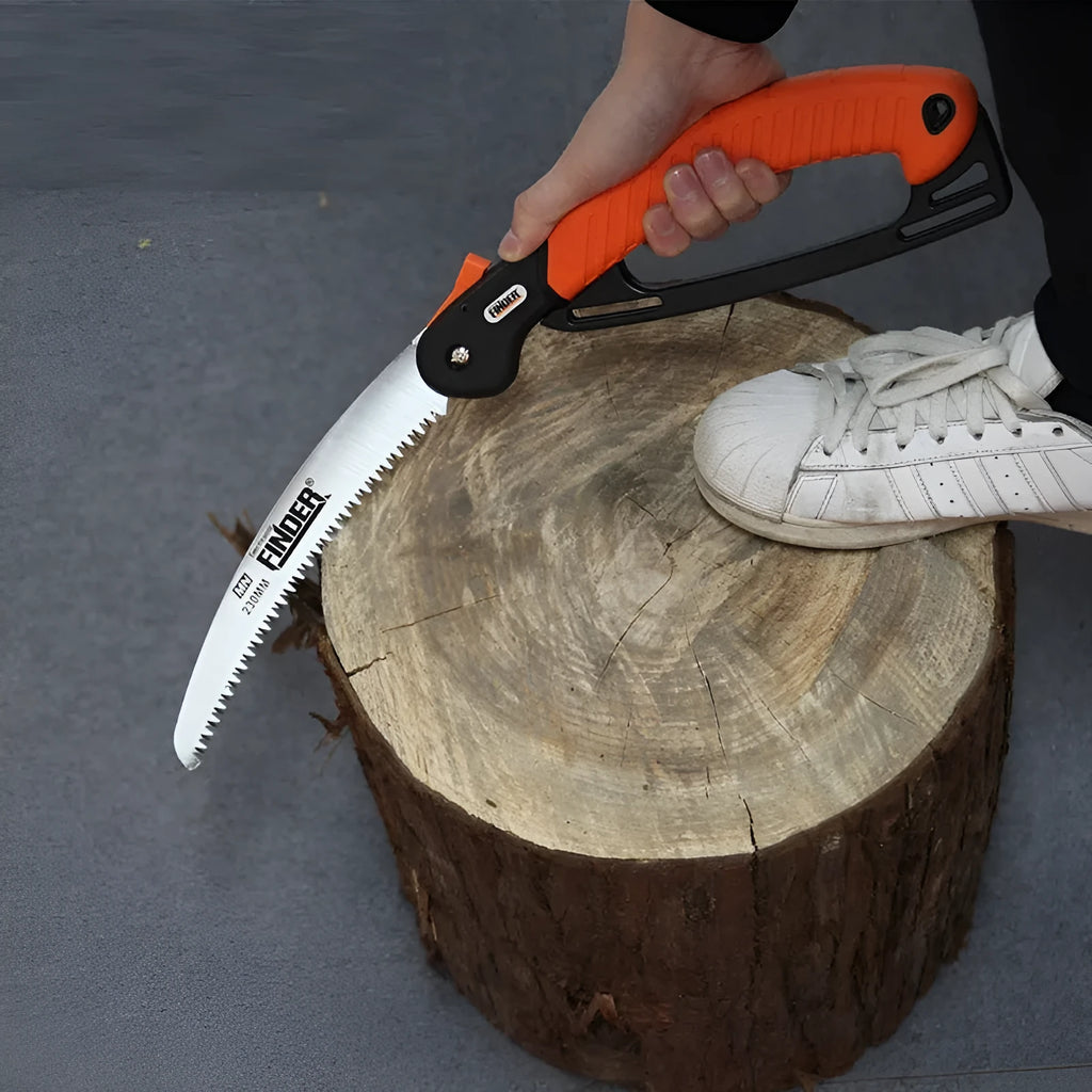 9 inch folding garden hand saw with TPR handle and metal blade shown open and closed.