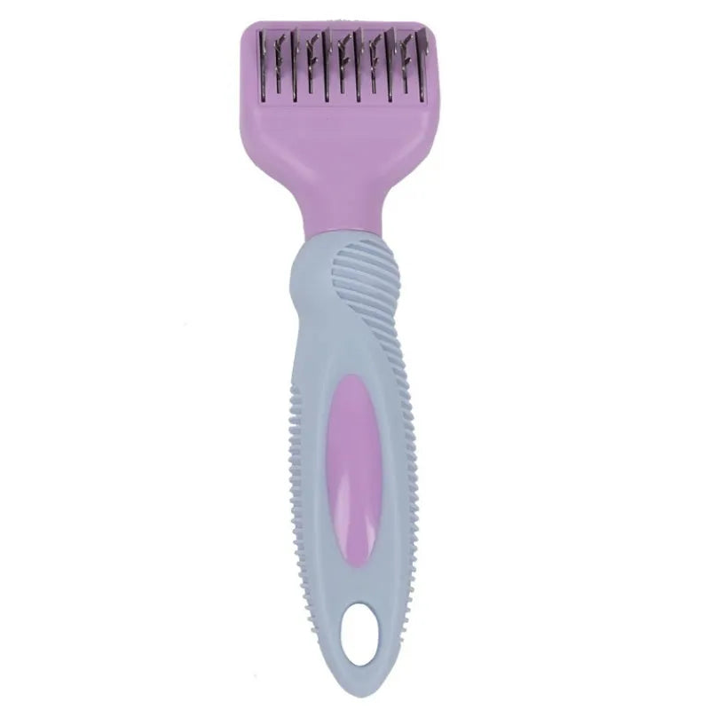 Pink pet grooming comb with stainless steel knot cutter blade and massage pins on a plastic handle.