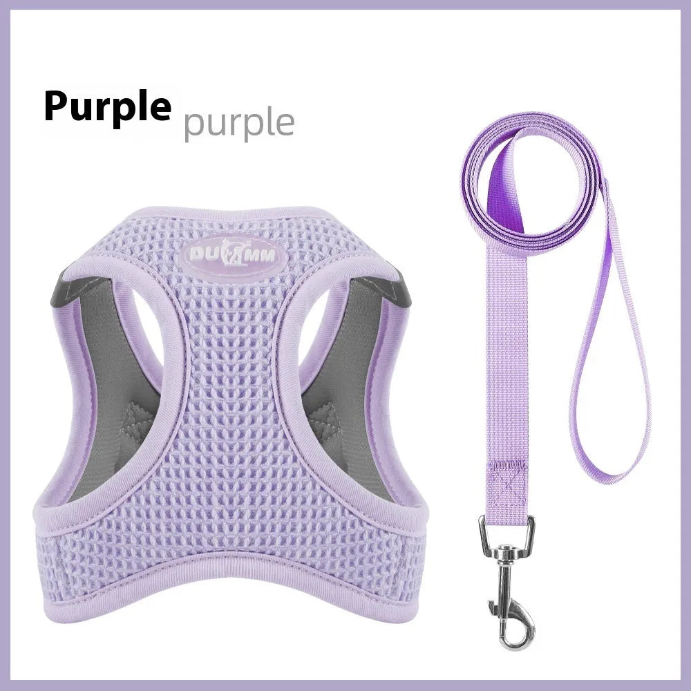 Waffle fabric cat harness with rope chest strap in brown, green or purple colours