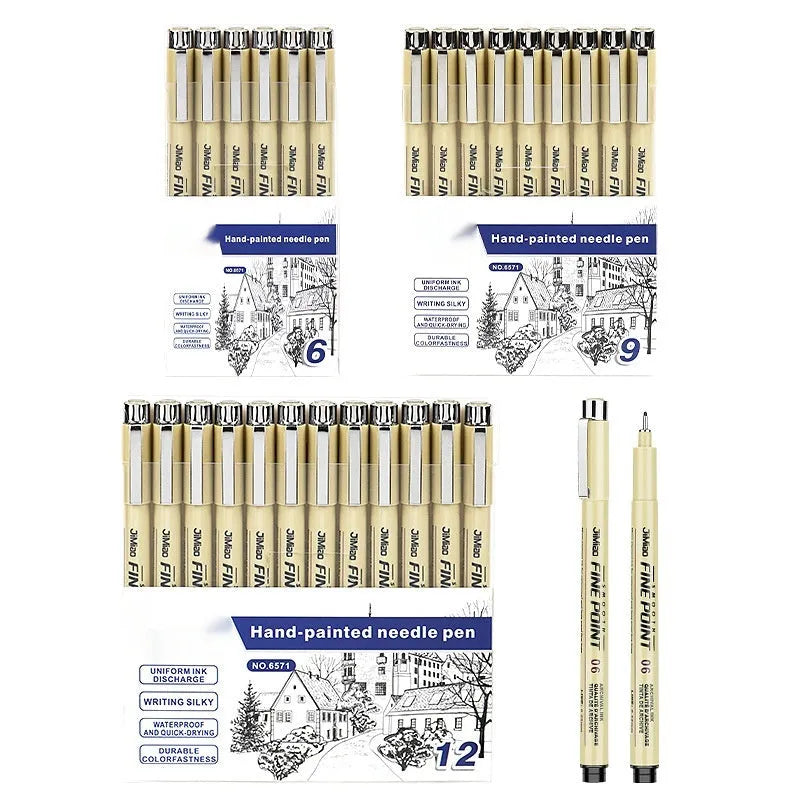 Waterproof art cartoon design sketch pen with syringe-style needle point and black ink.