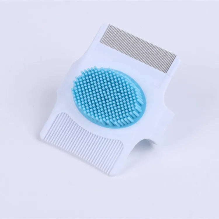 Blue and green multifunctional pet comb for dog grooming with floating hair removal, massage, and flea control features