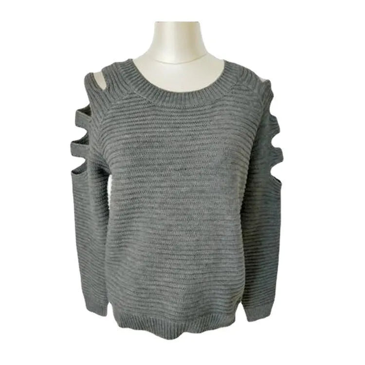 Women's solid colour knitted shirt with crocheted hollow-out design on round neck long sleeves