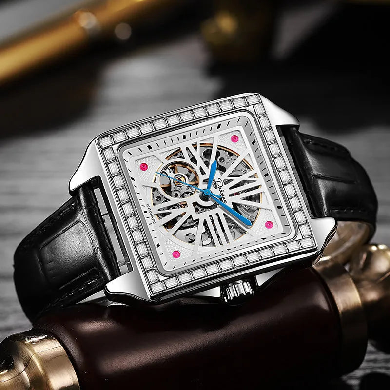 Men's square automatic watch with diamond studs on steel or leather strap