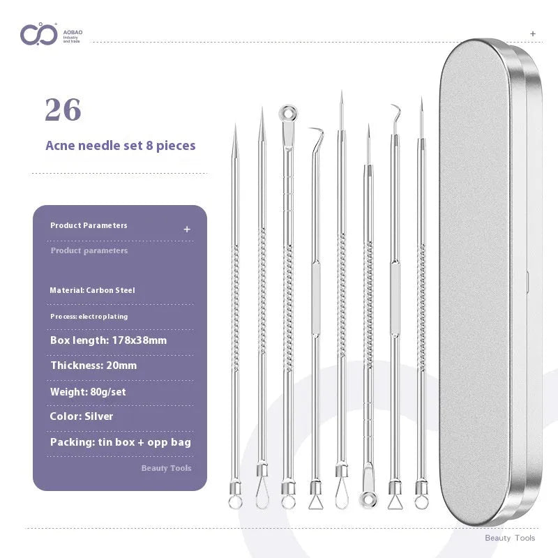 4-piece metal acne needle set with ultra-fine pointed clips on a silver background.