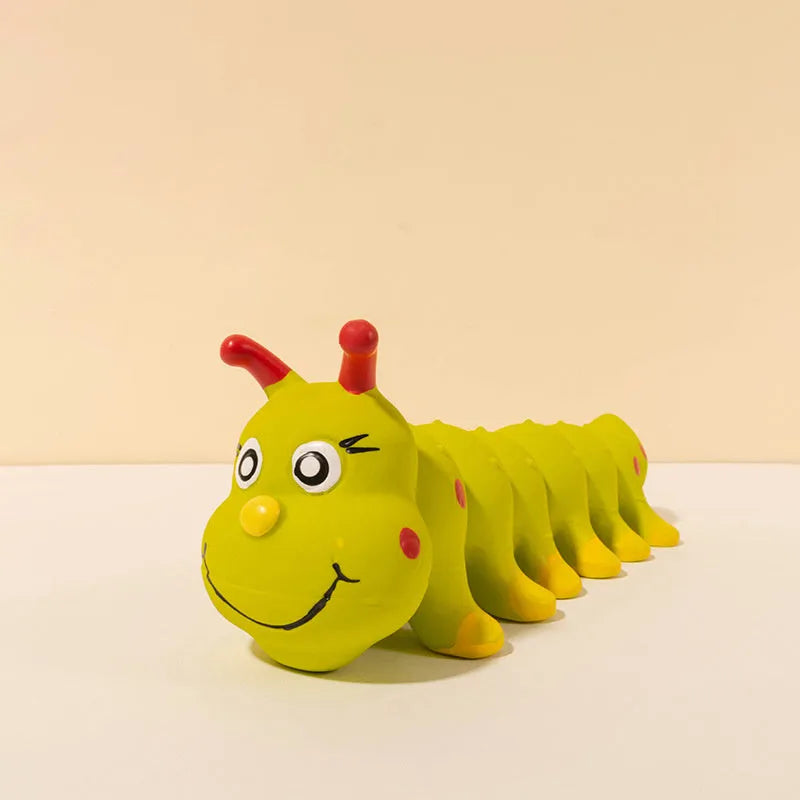 Yellow caterpillar-shaped rubber dog squeaky toy for small to medium breed dogs