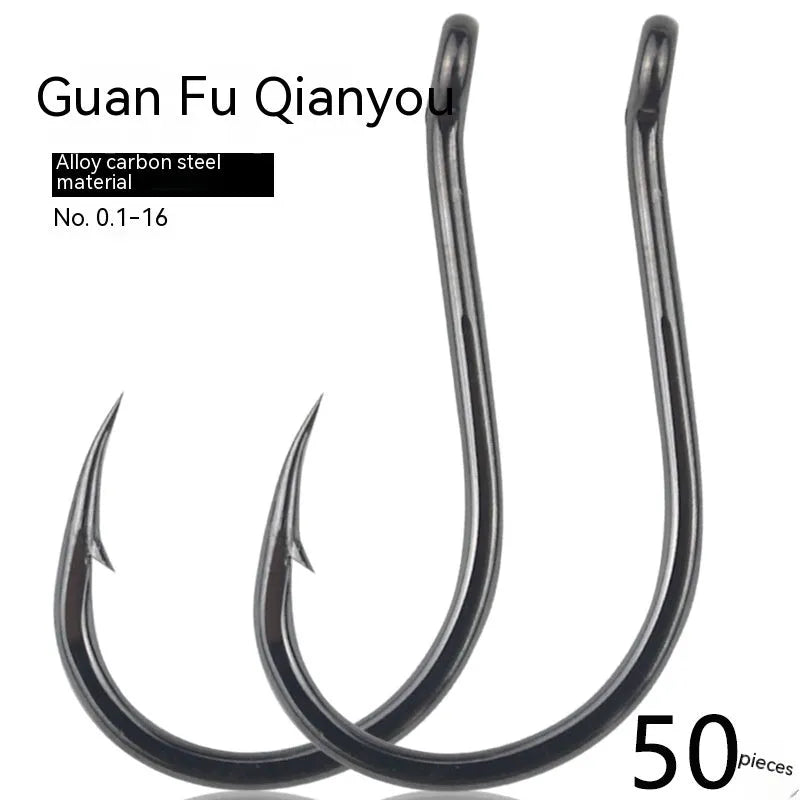 Bulk pack of barbed fishing hooks with crooked mouth and hole ring, made from alloy carbon steel.