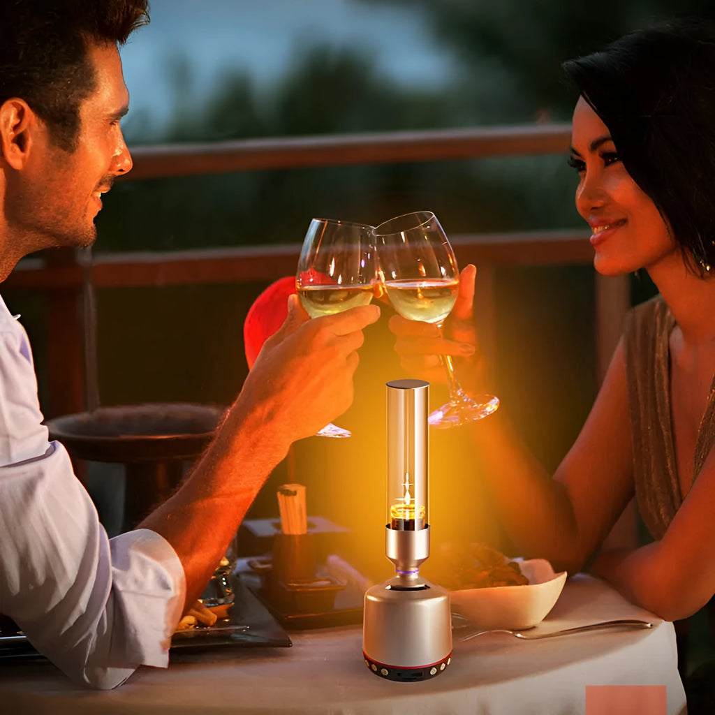 White silver Bluetooth speaker with candlelight night light showing push button controls and modern simple design