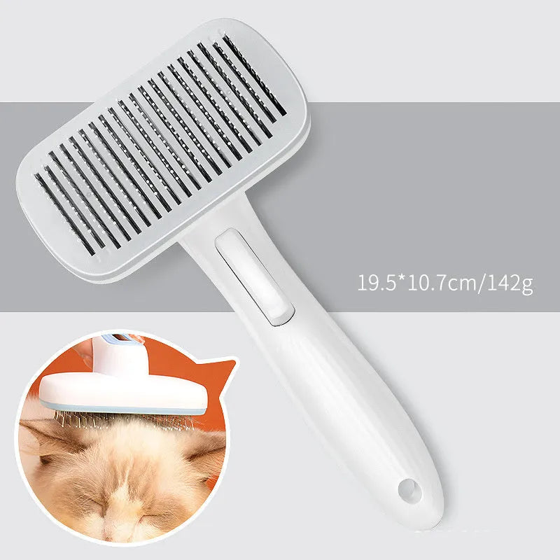 Automatic pet hair removal comb in blue for dogs and cats with one-click removal technology