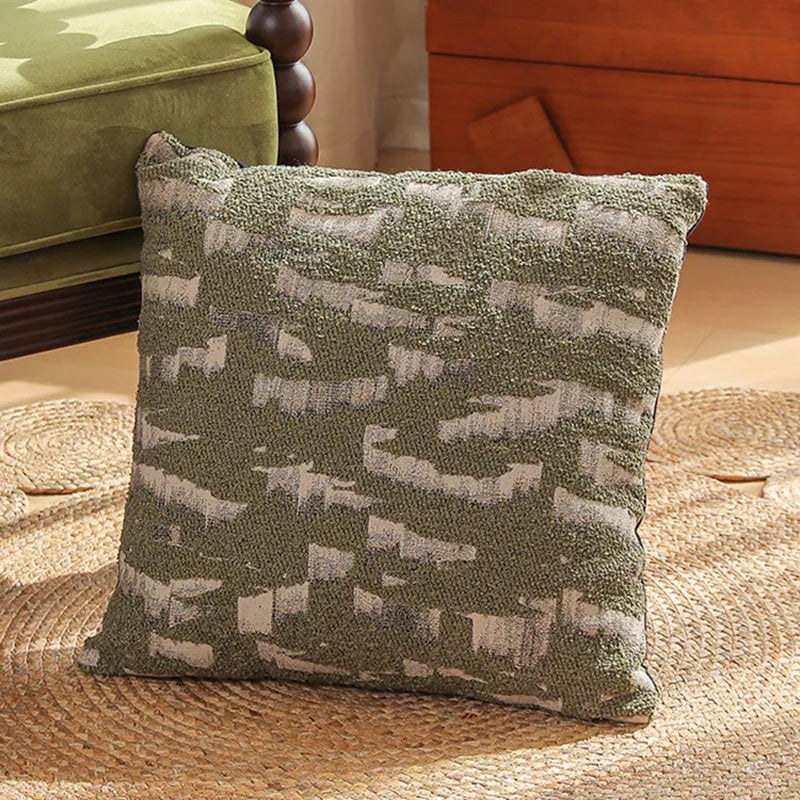Square Jacquard floral pillow cushion cover in a retro colour, 45cm by 45cm, on a sofa.