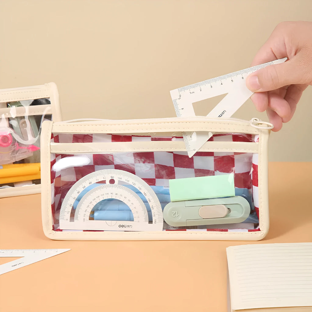PVC transparent pencil case with chessboard pattern showing pens inside, dimensions 21.5 x 8 x 11.5 cm