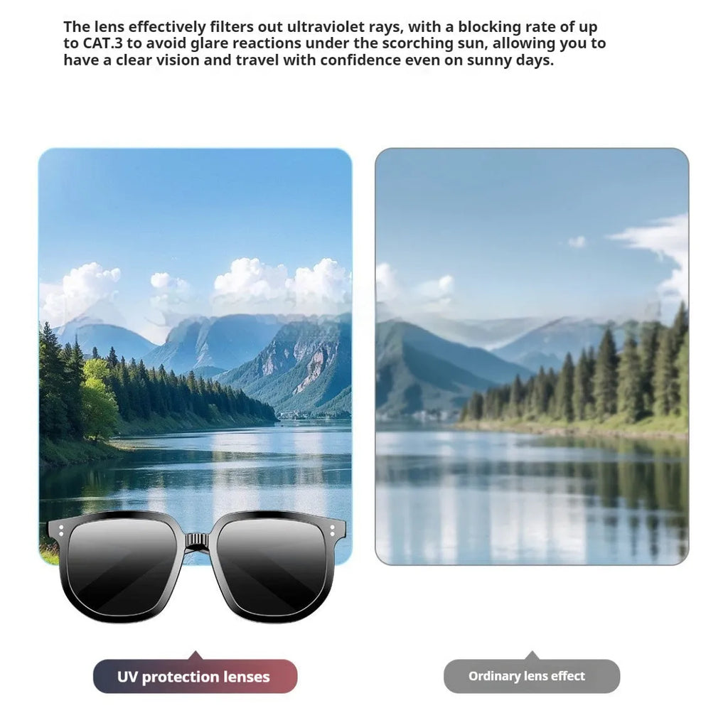 Black smart Bluetooth sunglasses with touch controls on the frame for audio functions