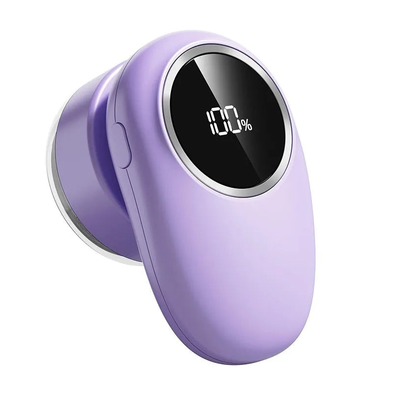 Digital display fur ball trimmer in beige or purple with replaceable cutter heads for fabric maintenance