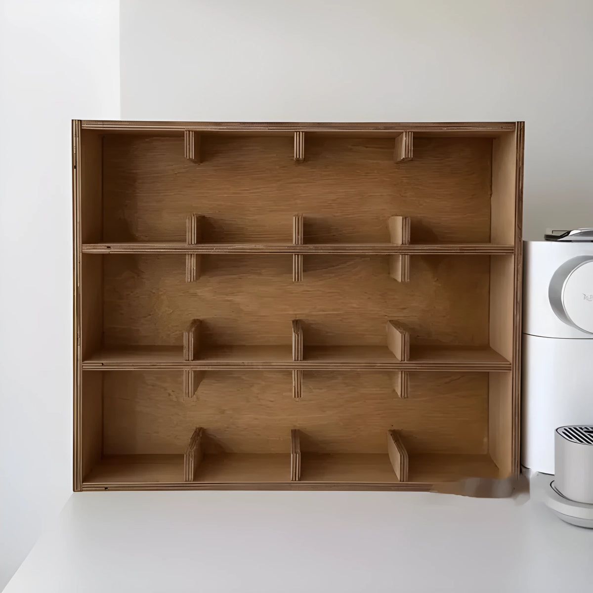 Square solid wood storage rack with multiple grid compartments in birch wood meridian colour