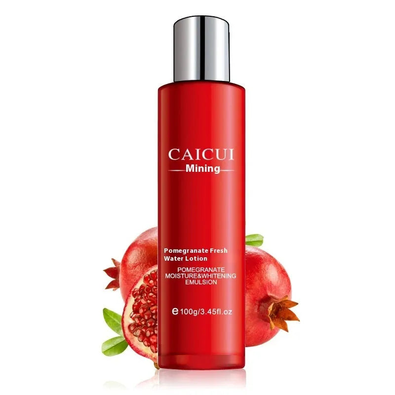 Pomegranate skincare set containing face wash, toner, lotion and facial cream in red packaging.