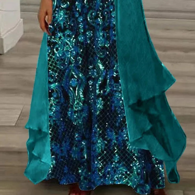 Plus size women's blue V-neck strap top and long skirt set with crocheted flowers and 3D effect