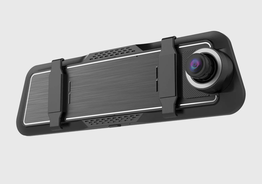 Black dual-lens driving recorder with 9.66-inch touch screen mounted on a car rearview mirror.