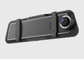 Black dual-lens driving recorder with 9.66-inch touch screen mounted on a car rearview mirror.