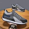 Men's grey and green mesh running shoes with viscose soles and lace-up fastening