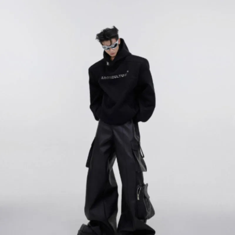 Men's loose fit hooded sweater with three-dimensional metal printing and heavy shoulder pads in red colour