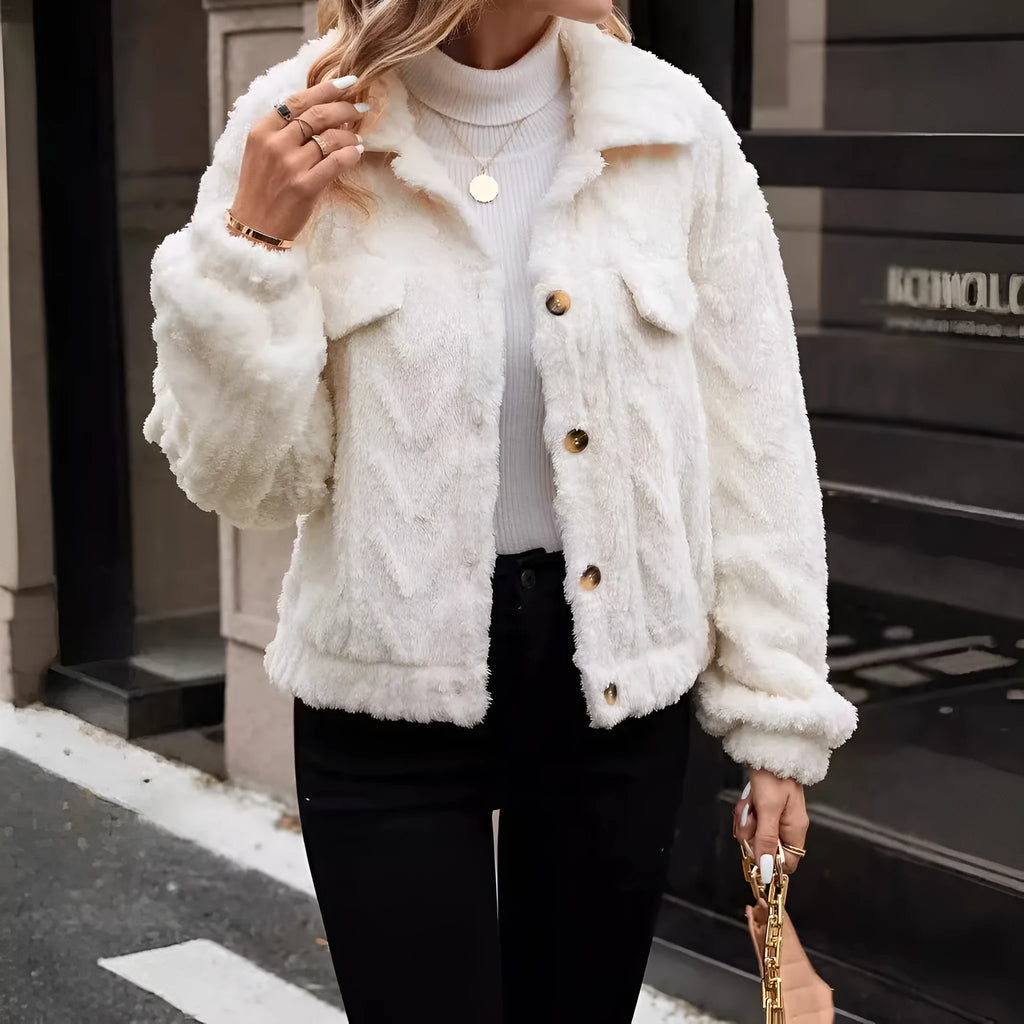 Women's ivory white plush button cardigan coat showing double-sided fabric and regular fit