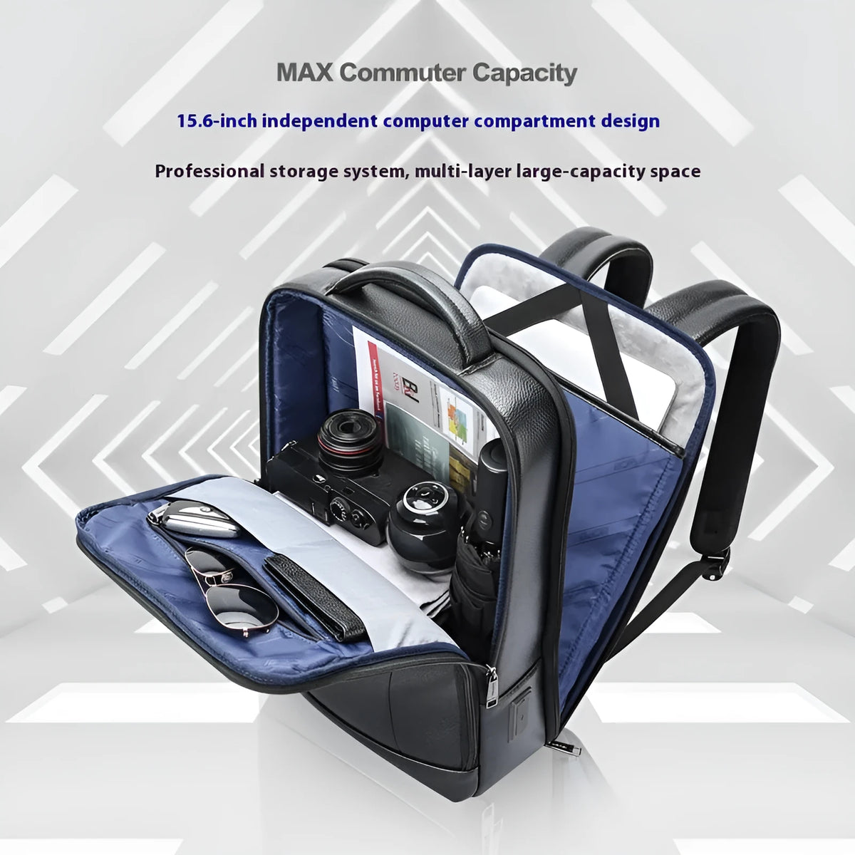 Black first layer cowhide leather business backpack with USB port and curved shoulder straps