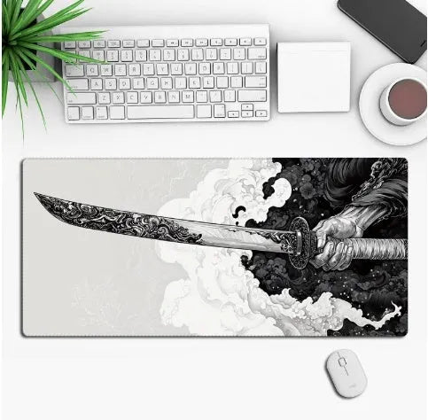 Large black anime gaming mouse pad with detailed graphics on smooth cloth surface