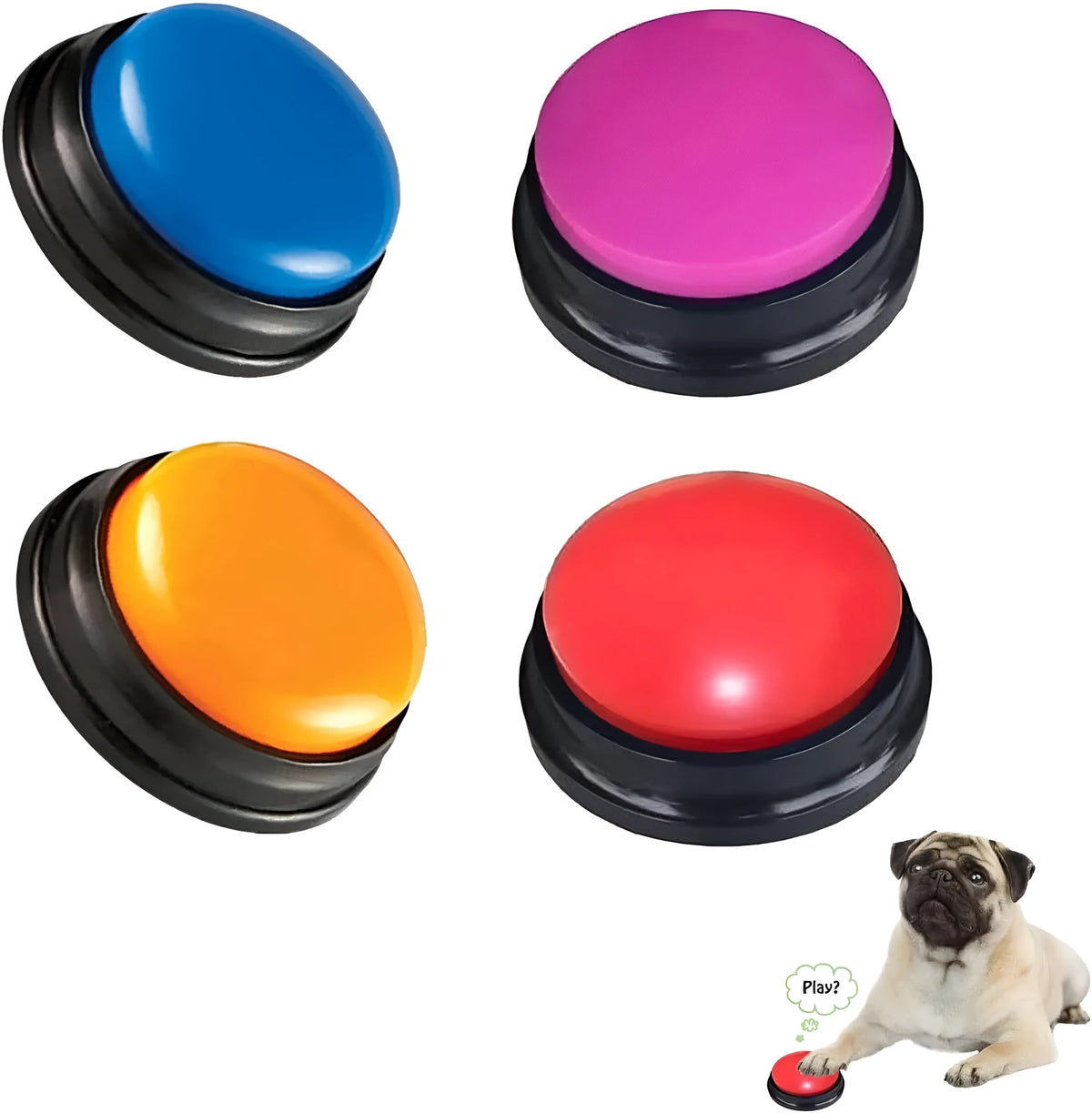 Voice recording button for dog training showing 30-second recording capability in multiple colour choices